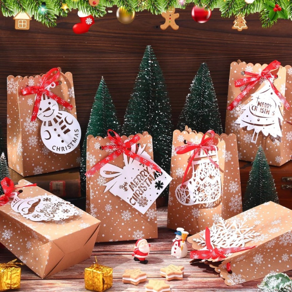 Packaging - กล่องของขวัญกระดาษลายเกล็ดหิมะคริสต์มาส 6/12 ชิ้น พร้อมการ์ดและริบบิ้น สำหรับบรรจุภัณฑ์ขนมและของหวานในงานปาร์ตี้